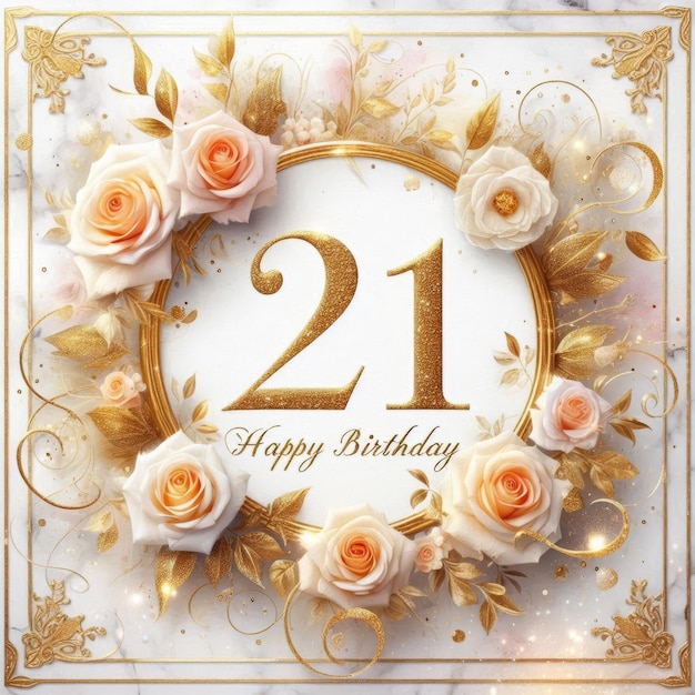 Elegant 21st birthday card design with floral accents in gold and soft pastel colors