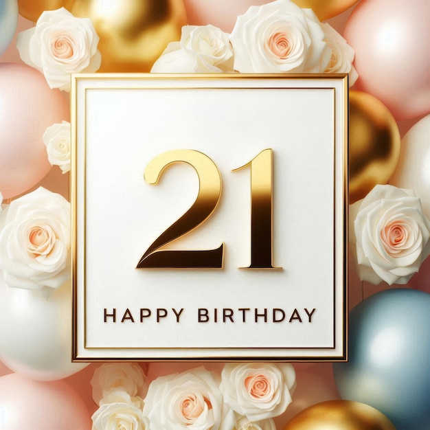 Elegant 21st birthday card with gold numbers and floral decorations in soft colors