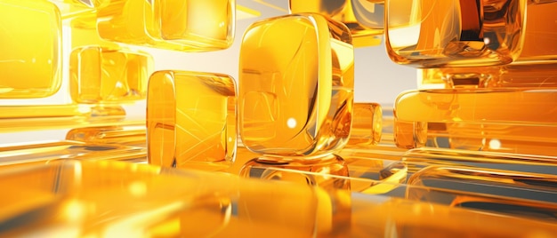 Elegant 3D abstract background featuring shiny glass cubes in gold and yellow hues