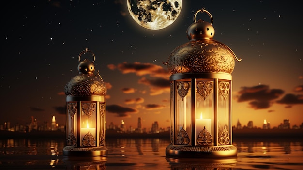 Elegant 3D Islamic Lantern with a beautiful night scene generative ai