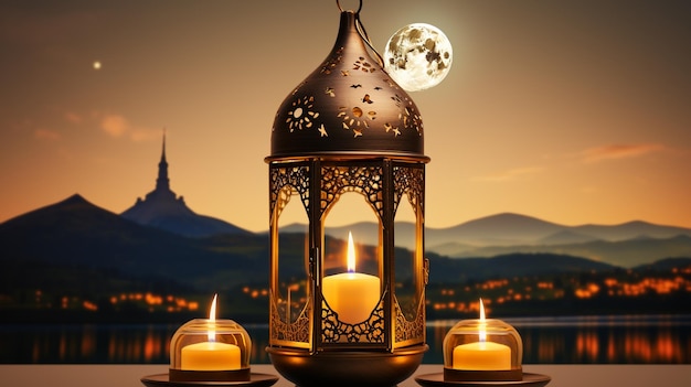 Elegant 3D Islamic Lantern with a beautiful night scene generative ai