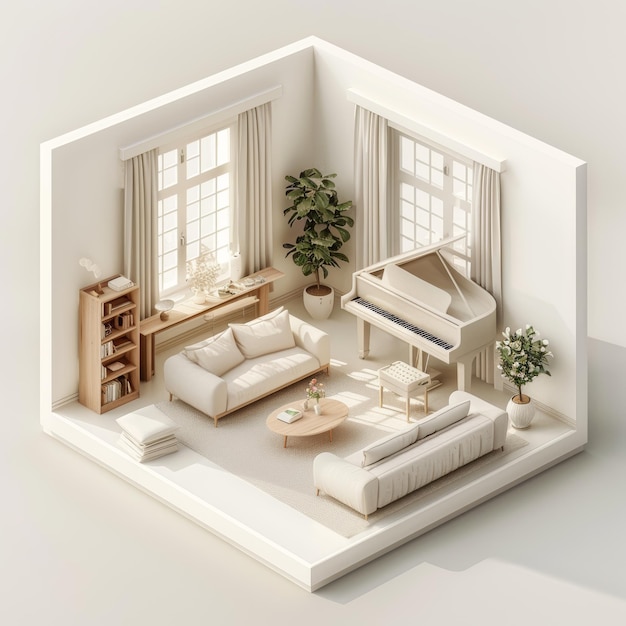 Photo elegant 3d isometric design of a modern living room with piano and cozy furniture in minimalist style