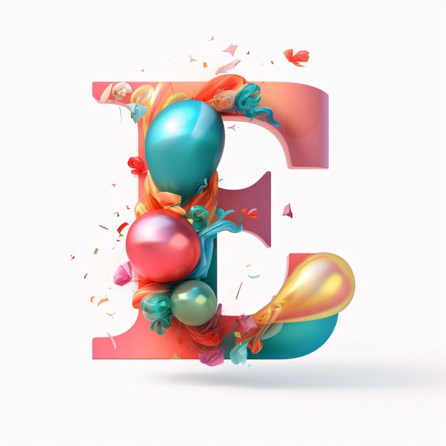 Elegant 3d letter E filled with colorful balloons and flowers