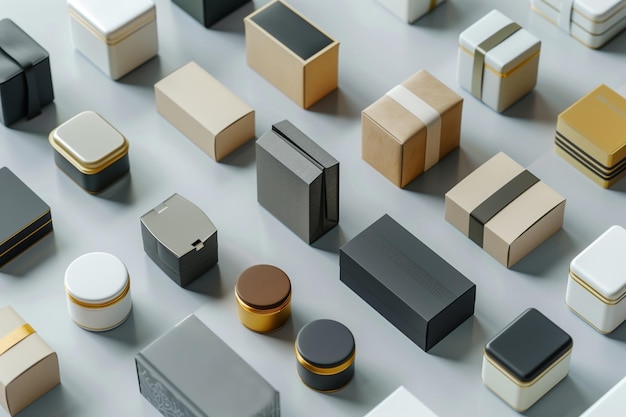 Elegant 3d render of various packaging boxes in a minimalist setting