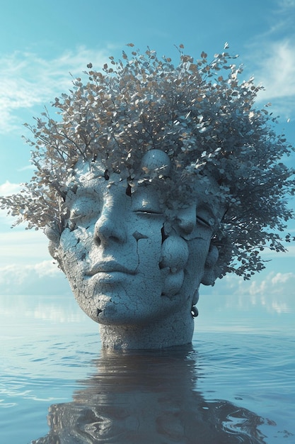 Elegant 3D rendering of a tree with branches and leaves subtly forming a network of female faces