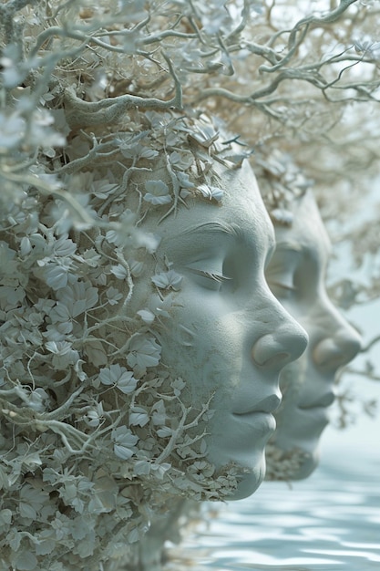 Elegant 3D rendering of a tree with branches and leaves subtly forming a network of female faces