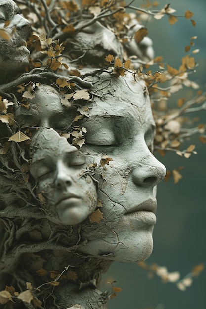 Elegant 3D rendering of a tree with branches and leaves subtly forming a network of female faces