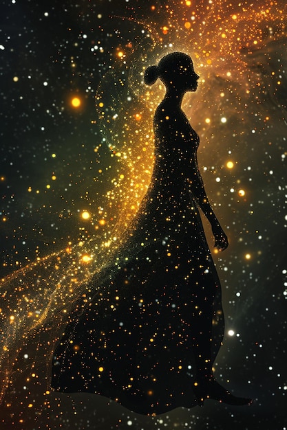 Elegant 3D rendering of a womans silhouette formed by a network of stars