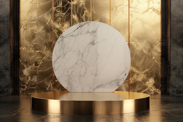 Elegant 3D Stage with Golden Finish and Round Marble Backdrop for Premium Product Showcase