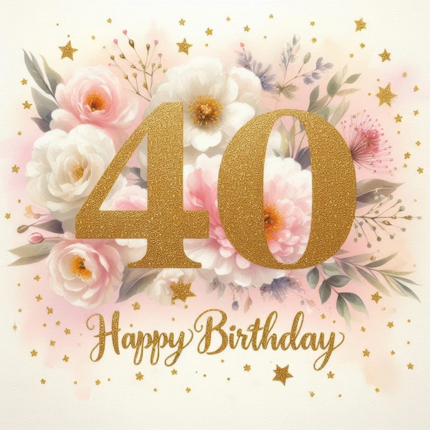 Photo elegant 40th birthday card design with gold text and floral accents