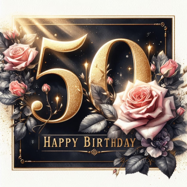 Photo elegant 50th birthday design with golden numbers and beautiful roses