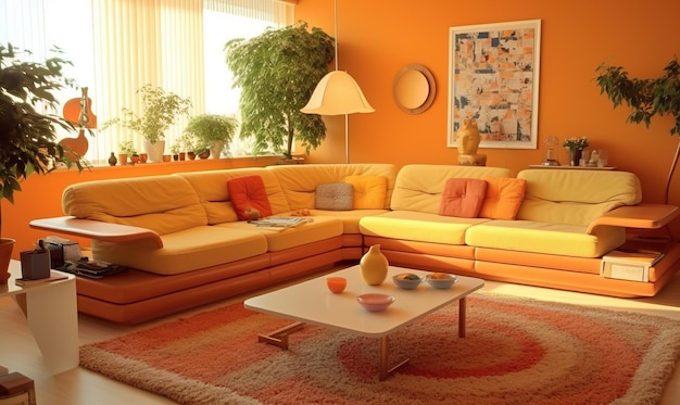 Elegant 70s Style Living Room in Sunny Orange Hues