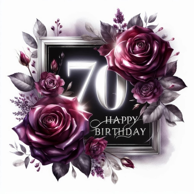 Photo elegant 70th birthday card design featuring rich purple roses and floral accents