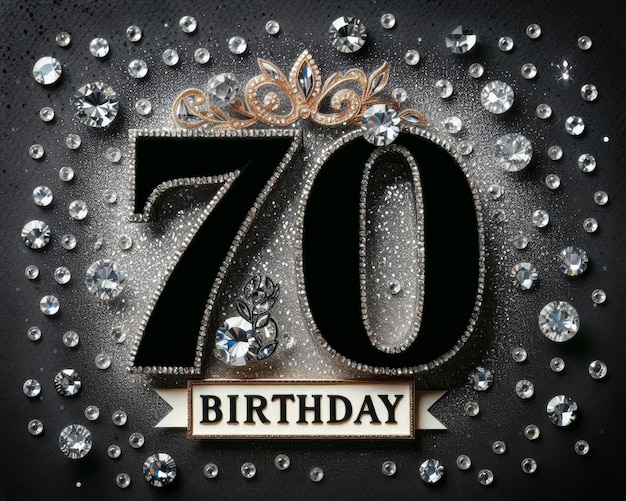 Photo elegant 70th birthday design with diamonds and sparkling decorations on a black background