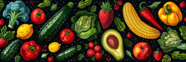 Elegant Abstract Background Featuring Fresh Fruits and Vegetables on Dark Canvas