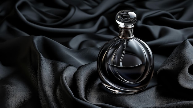 Elegant Abstract Black Perfume Bottle Displayed on Luxurious Black Cloth Background High Quality