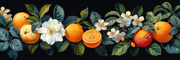 Photo elegant abstract fruit branch with oranges and white flowers on a black background