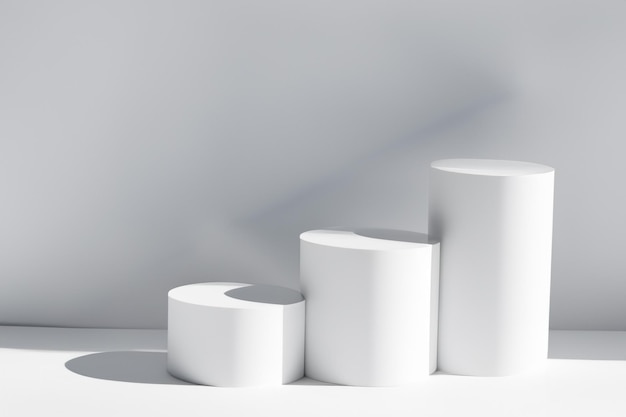 Elegant abstract set of white podiums in sunlight with shadow on white background for product dis