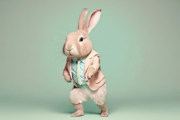 Elegant adult rabbit wearing a formal jacket on a color background Generative AI