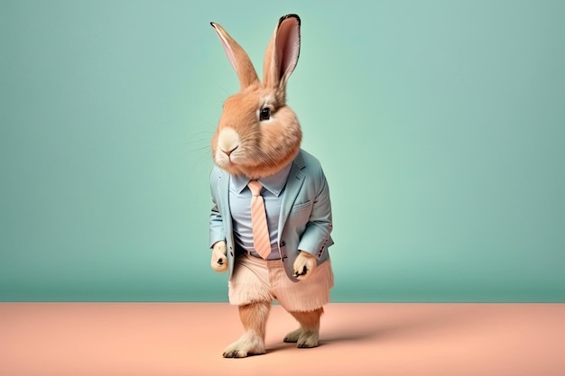 Elegant adult rabbit wearing a formal jacket on a color background Generative AI