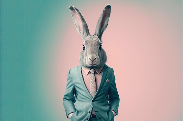 Elegant adult rabbit wearing a formal jacket on a color background Generative AI