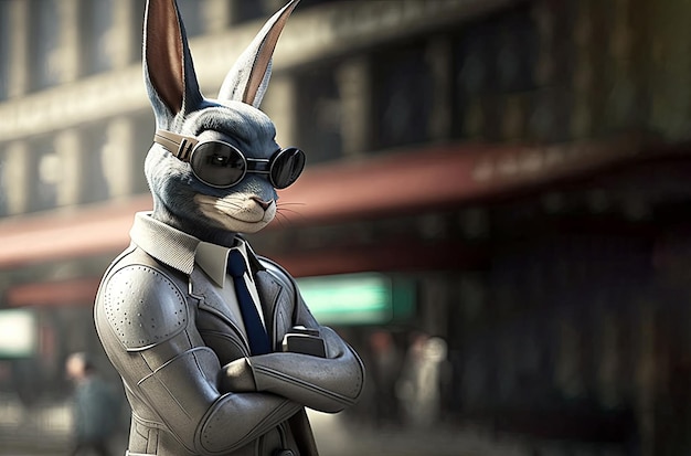 Elegant adult rabbit wearing a formal jacket and sunglasses in the city Generative AI