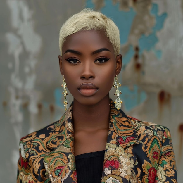 Elegant African Woman with Stylish Short Blonde Hair and Ethnic Jacket