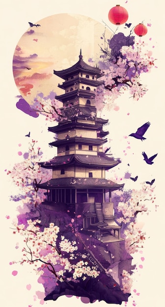 Photo elegant ai illustration of the letter i with cherry blossom trees and traditional pagoda under the moon in serene landscape