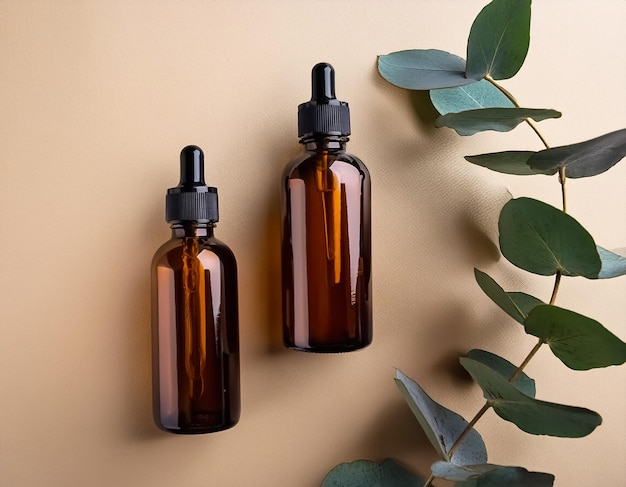 Elegant Amber Glass Cosmetic Bottles with Blank Labels and Eucalyptus Leaf on Beige Background