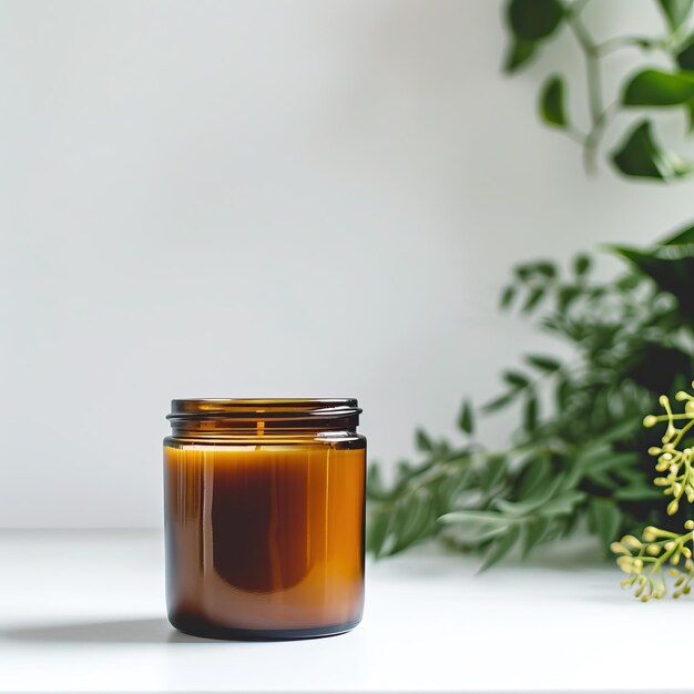 Photo elegant amber jar candle surrounded by lush greenery perfect for creating a calming ambiance in any space