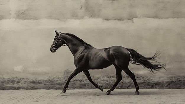 Photo elegant andalusian horse breed prancing through historic street of seville movement dance of grace