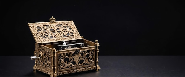 An elegant antique music box showcasing intricate design on a black background