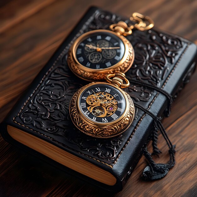 Photo elegant antique pocket watches and leather bound journal composition timeless nostalgia in still life