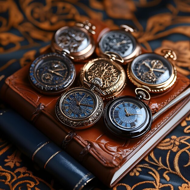 Photo elegant antique pocket watches and leather bound journal in timeless still life arrangement