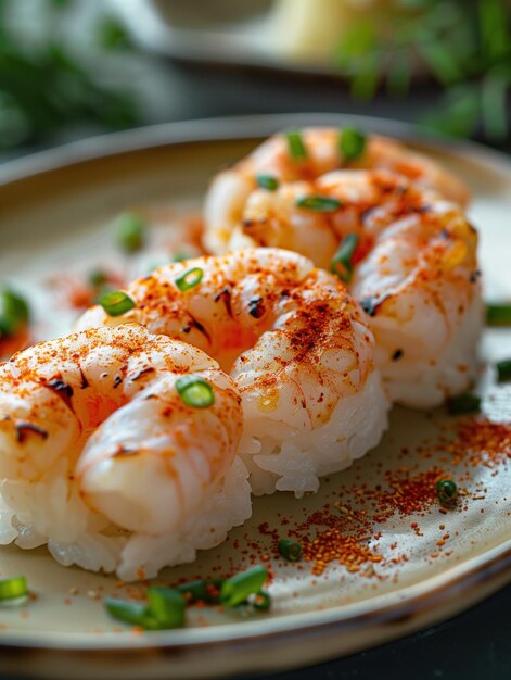 Elegant Aoyagi Nigiri sushi with round clams and sauce on a traditional plate