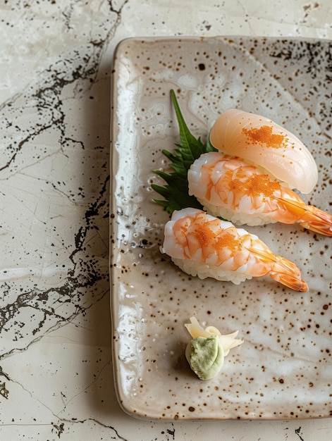 Photo elegant aoyagi nigiri sushi with round clams and sauce on a traditional plate