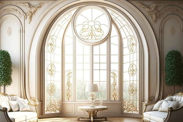 Elegant arched windows with decorative glass partition