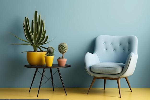 Elegant armchair table and houseplant near color wall