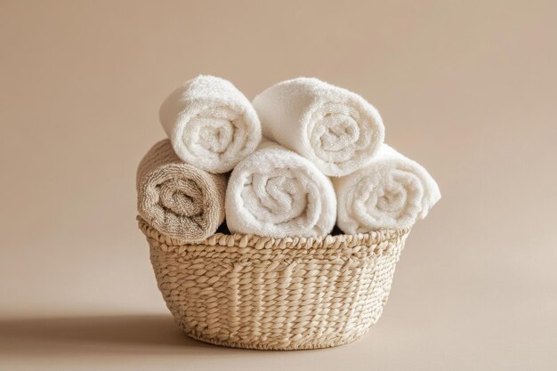 Photo elegant arrangement of neutral color towels rolled neatly in a woven basket on a soft backdrop