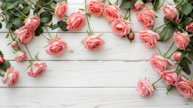 Elegant arrangement of pink roses on white wooden floor for romantic wedding invitations