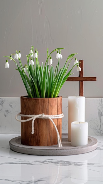 Elegant Arrangement of Snowdrop Flowers and Candles in a Wooden Planter