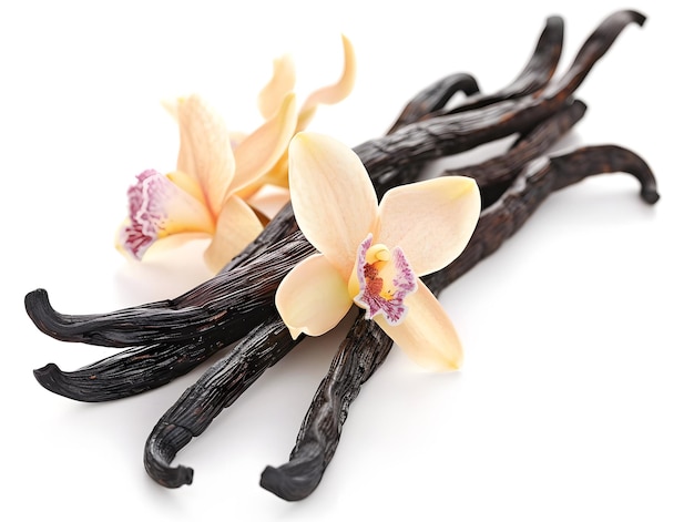 Elegant arrangement of vanilla beans and orchid flowers on white background