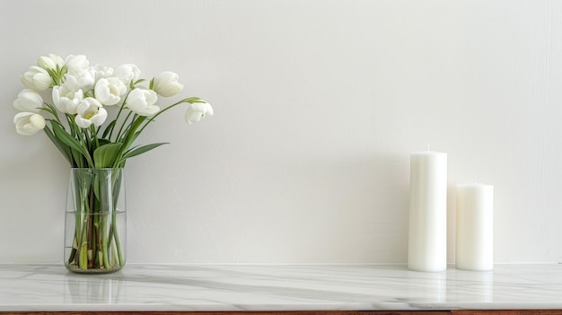 Elegant Arrangement of White Tulips in Glass Vase on Marble Tabletop