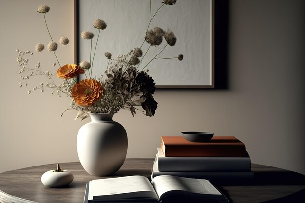 Elegant arrangement on a wooden design table with books and paper flowers in a minimalist living room concept