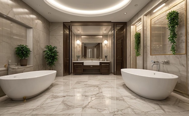 Elegant Art Deco bathroom with gold accents marble surfaces and decorative plants