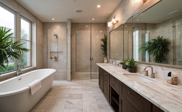 Elegant Art Deco bathroom with gold accents marble surfaces and decorative plants