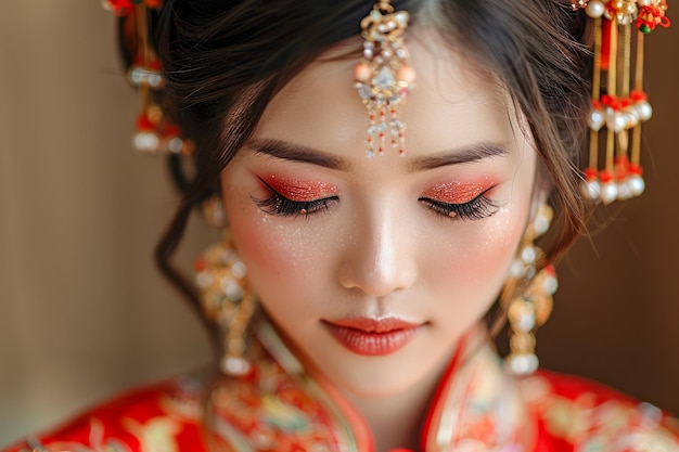 Elegant Asian Bride in Traditional Red Wedding Dress with Exquisite Makeup and Jewelry