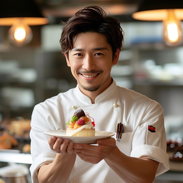 Elegant Asian Chef Showcasing Exquisite MichelinStar Desserts