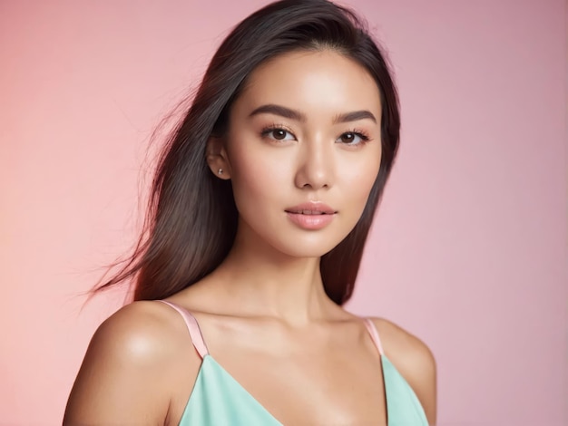 Elegant Asian model in pastel dress showcases diverse poses and expressions perfect for beauty and fashion campaigns