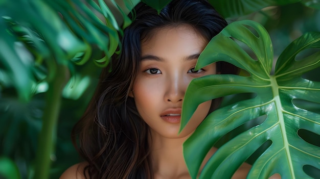 Elegant Asian Woman Holding Large Green Leaf in Lush Botanical Editorial Shoot